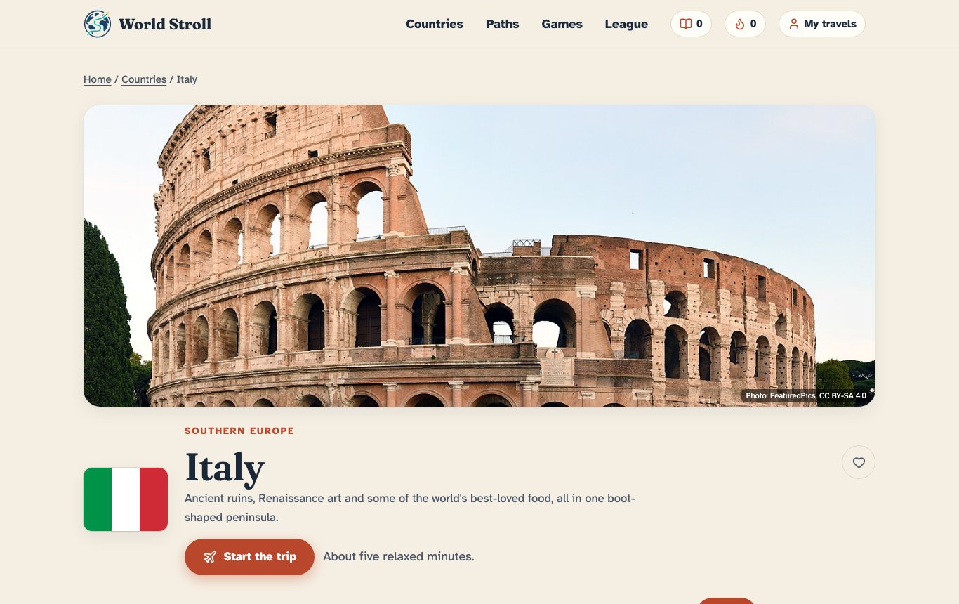 The Italy country page with a photo of the Colosseum